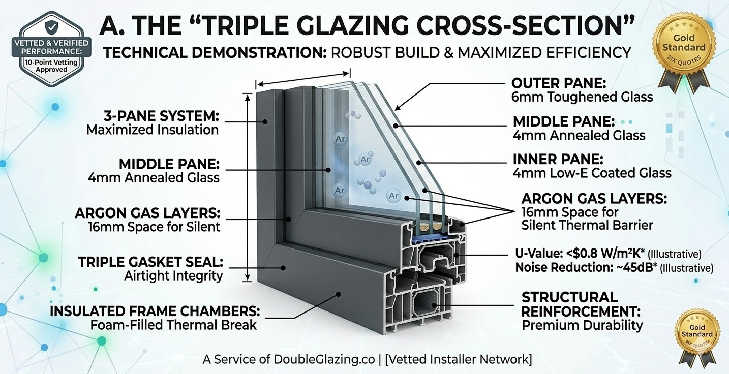 Technical comparison of premium double glazing vs heavy ultra triple glazing profiles for Scottish homes.