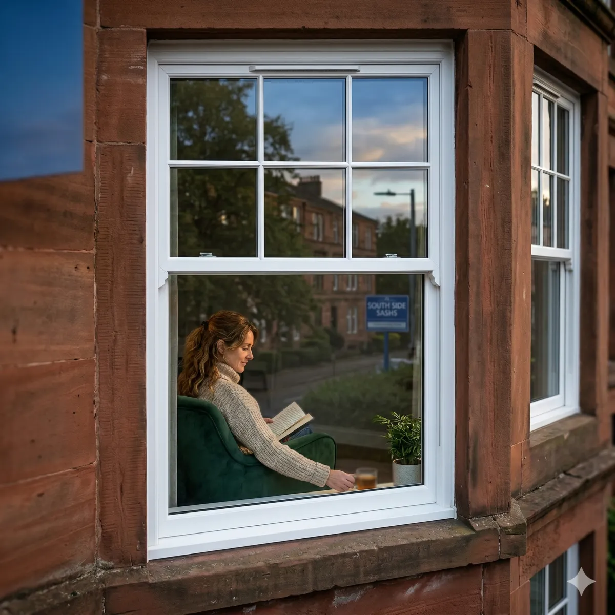 Heritage uPVC sliding sash windows installed in a traditional Shawlands red sandstone tenement.