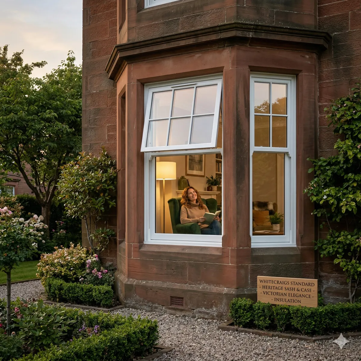 Heritage-grade wood-grain uPVC sash windows installed in a grand traditional villa in Whitecraigs.