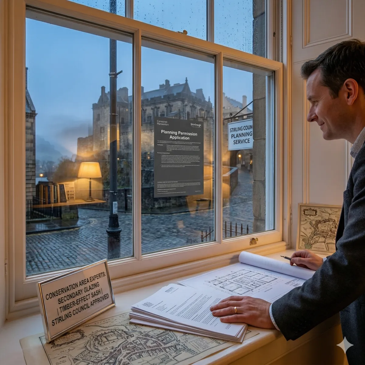 Heritage-compliant secondary glazing and timber-effect sash windows installed near Stirling Castle.