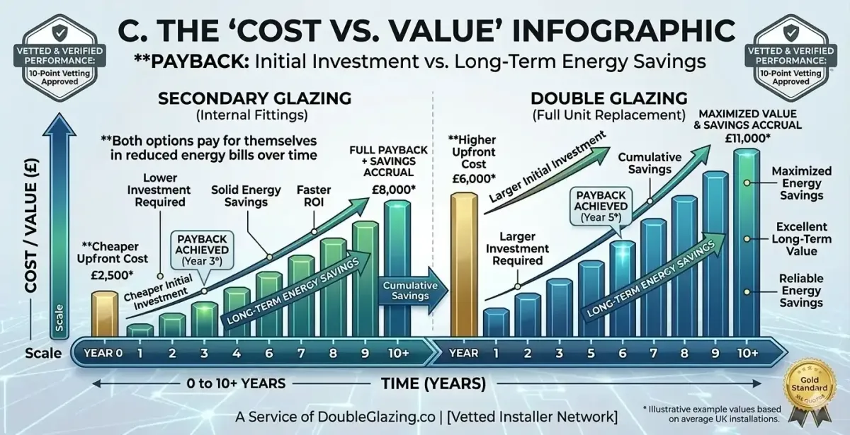 Technical comparison of U-values and thermal efficiency between full replacement double glazing and secondary glazing.