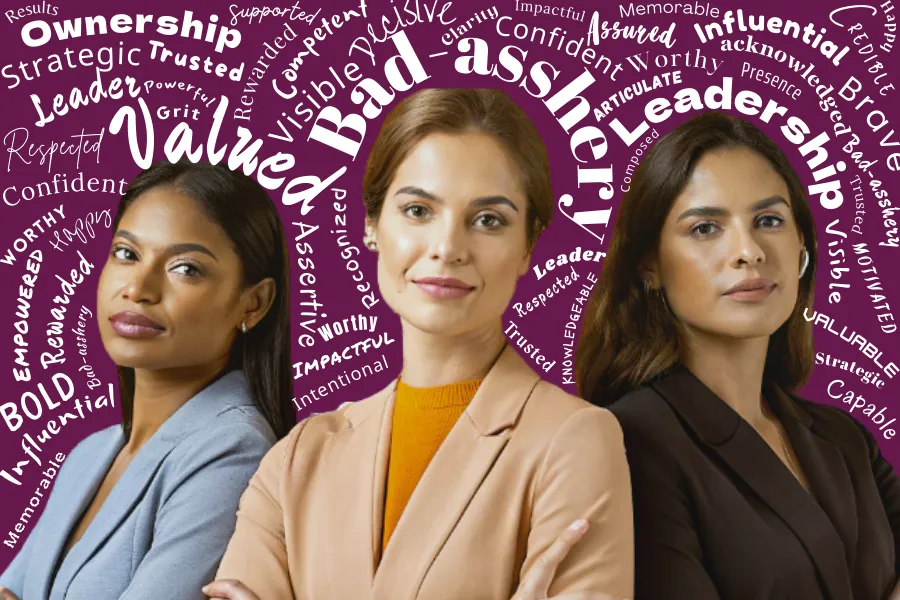 Three women in leadership poses in front of a word cloud with terms like “valued” and “bold,” representing She Leads Labs group programs with Tanya Spencer Coaching to boost visibility and leadership presence.