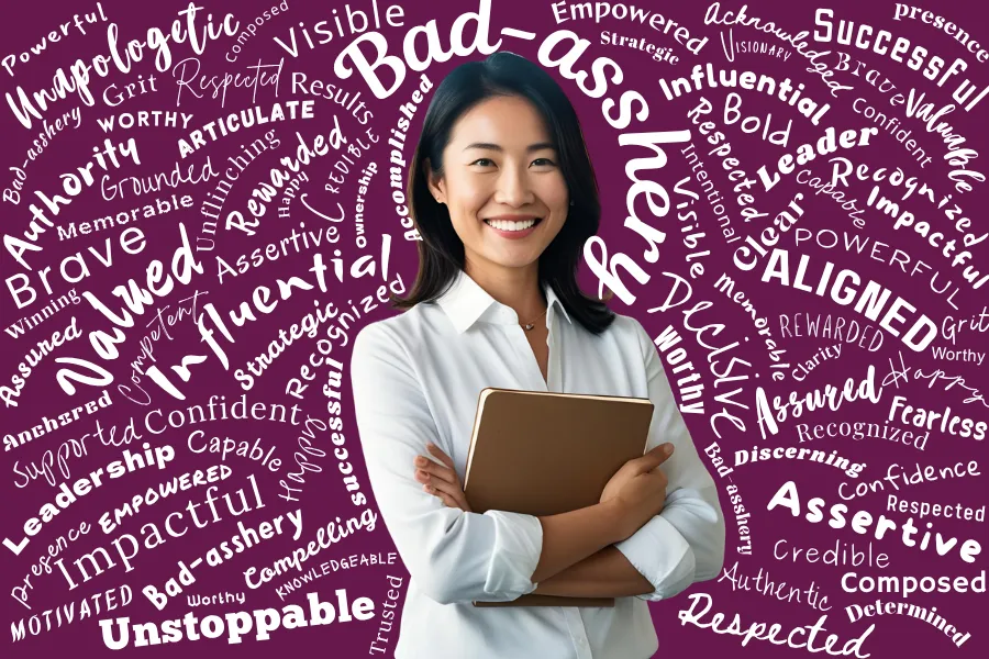 Confident woman holding a folder in front of a purple coaching-themed word cloud, symbolizing personalized 1:1 Power Hour Plus sessions with Tanya Spencer to sharpen leadership communication and accelerate progress.