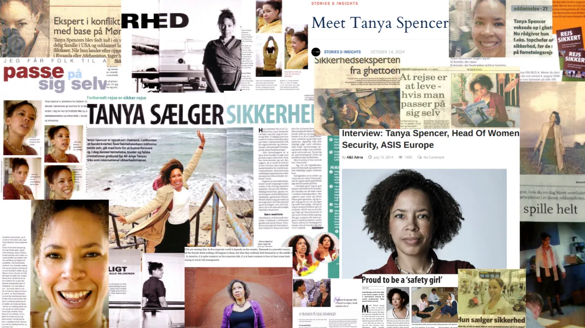Collage of news articles and media features showcasing Tanya Spencer’s career in leadership, conflict resolution, and security management. Includes headlines, portraits, and interviews highlighting her global expertise and visibility as founder of F🤬ck Being Stuck Coaching.