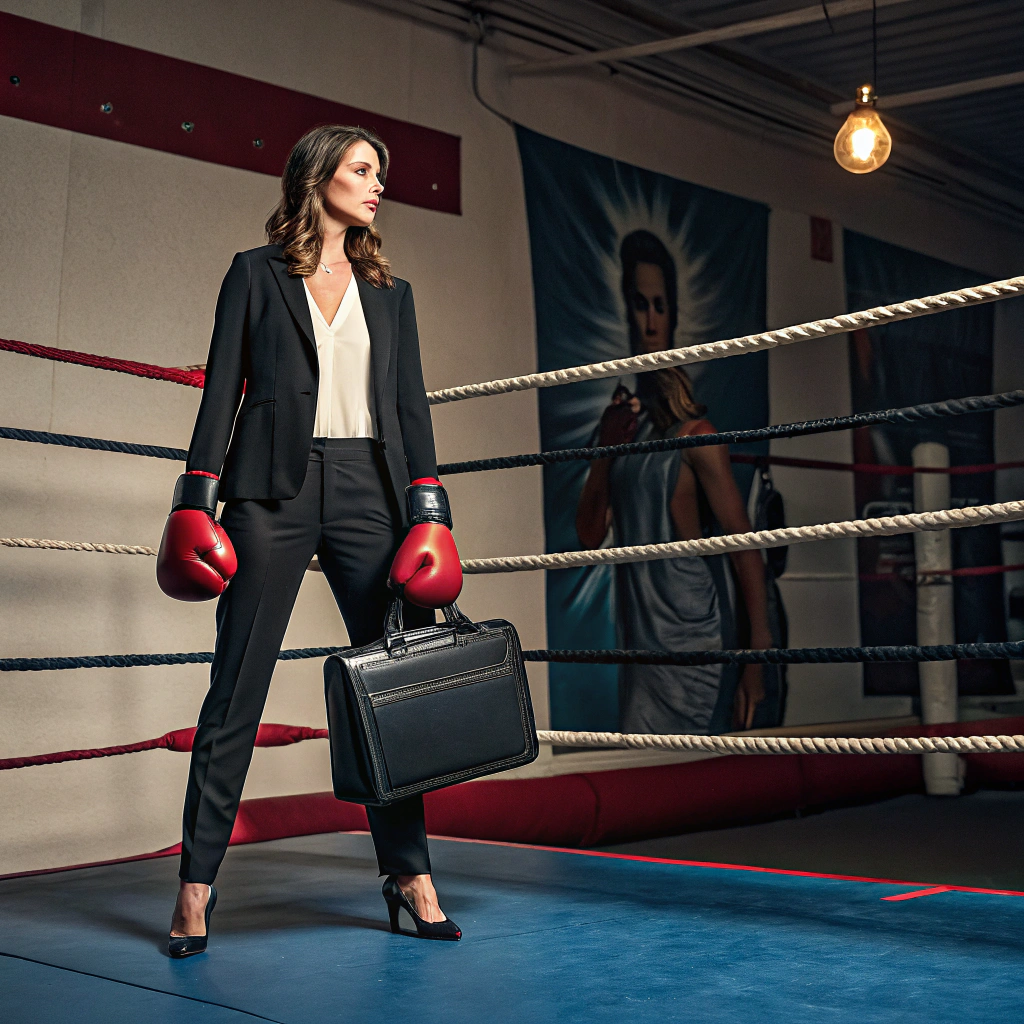 Confident woman in boxing gloves and blazer standing in a boxing ring with a briefcase—poised for high-stakes leadership conversation after completing the F🤬ck Being Stuck coaching workshop with Tanya Spencer, expert in leadership communication for women in male-dominated industries.