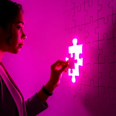 Professional woman placing final piece in neon puzzle – symbolizing leadership alignment and managing up | course by F🤬ck Being Stuck coaching.