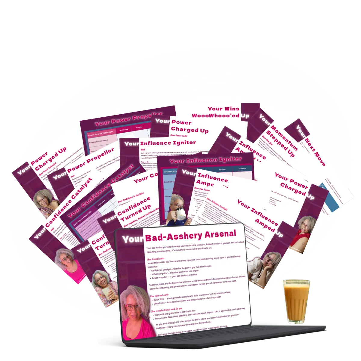 Collage of leadership communication tools from Your Bad-asshery Arsenal showing confidence, influence and power frameworks for women leadership