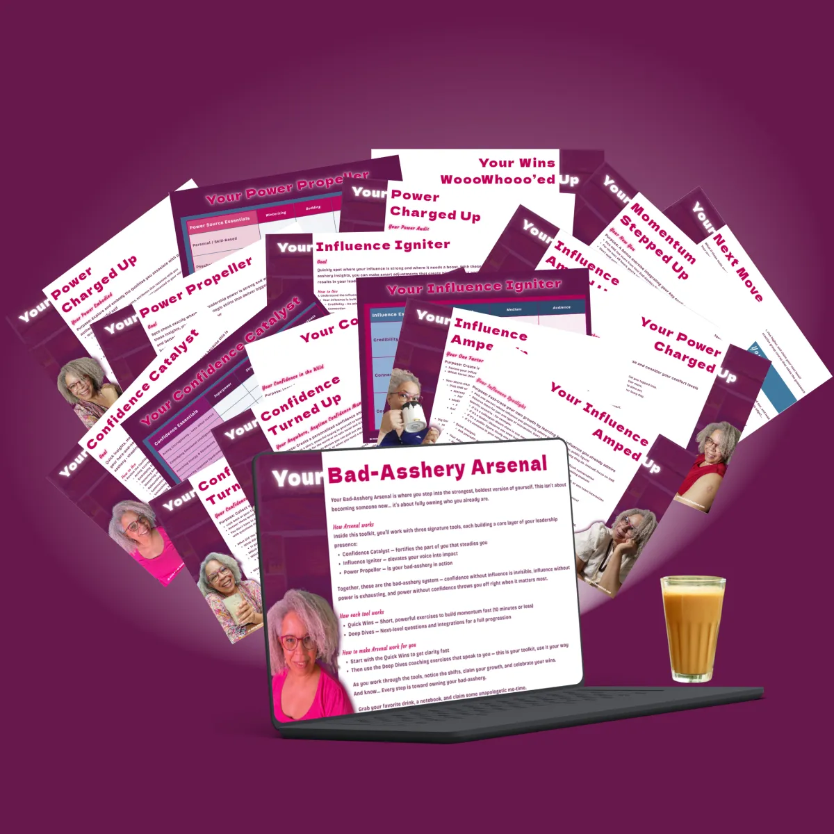 Collage of leadership communication tools from Your Bad-asshery Arsenal showing confidence, influence and power frameworks for women leadership