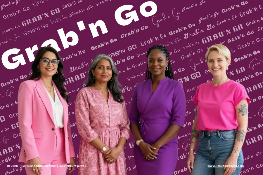 Four confident women in front "Grab'n Go" word-cloud - Grab'n Go leadership tools for visibility and leadership presence