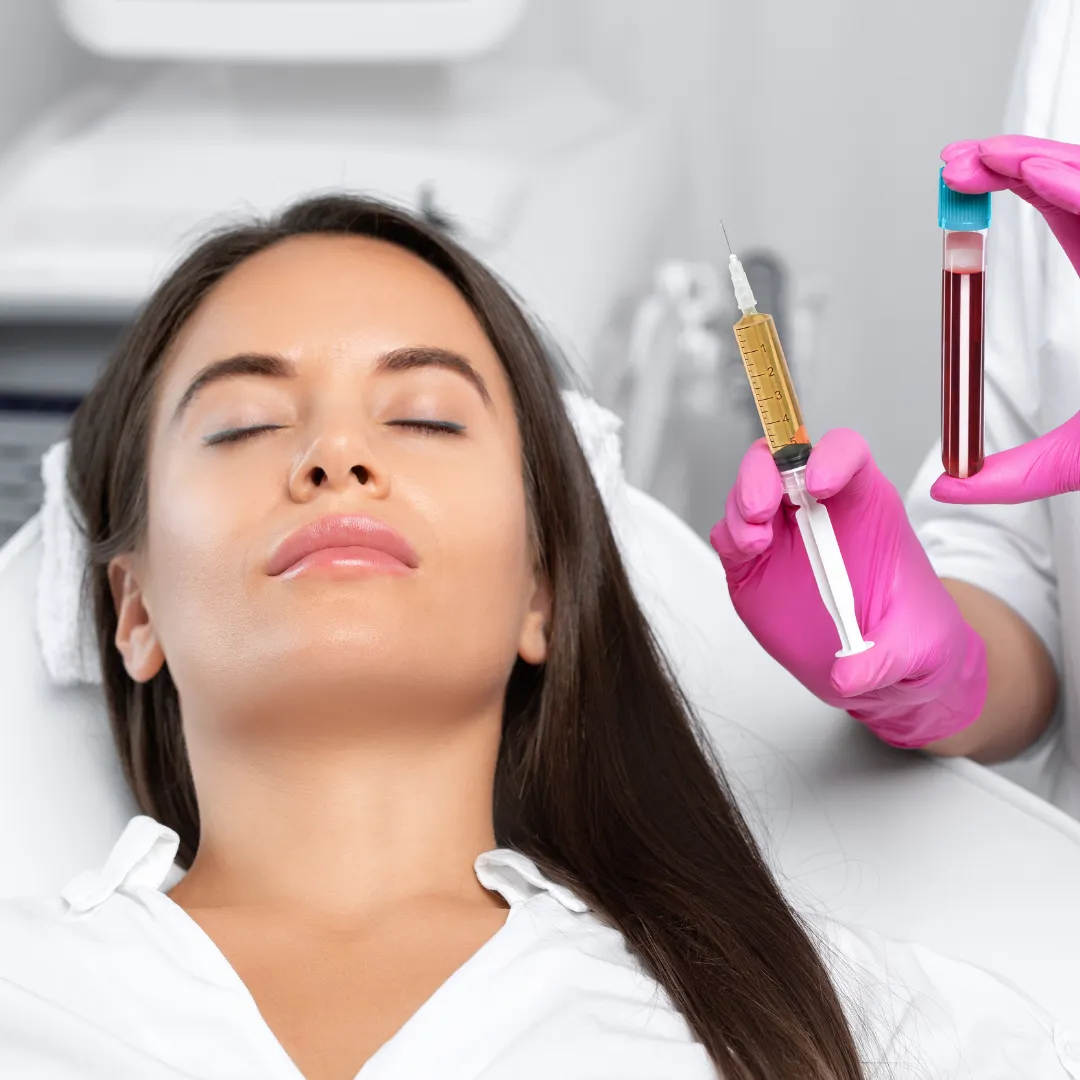 woman getting a PRP treatment and a nurse holding a blood vile and syringe