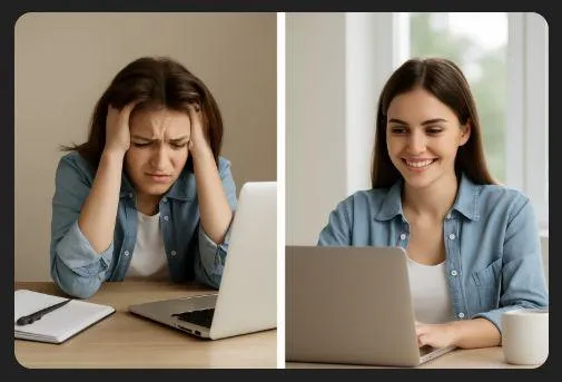Simplify Your Tech - two women on laptops one stressed one calm
