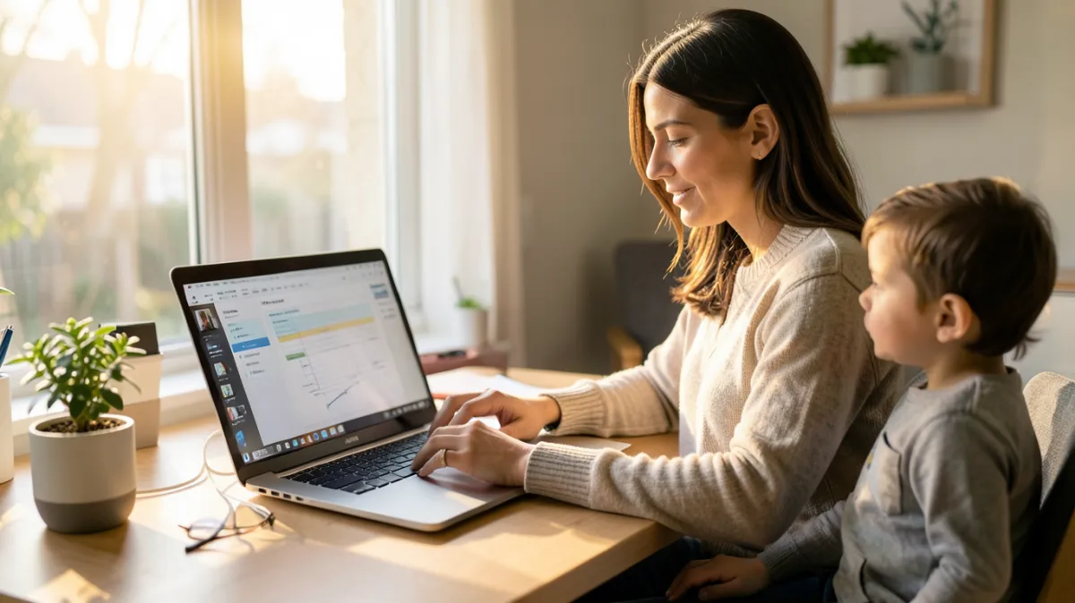 Single mother working from home as a remote online notary, using a laptop with digital documents while her child sits nearby in a warm, modern home workspace.