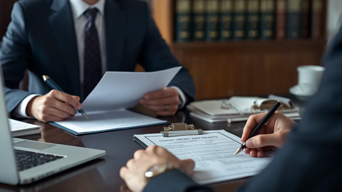 Attorney in a navy suit reviewing legal documents while a notary holds a notarized affidavit, with court files, legal folders, a laptop, and a notary stamp on the desk in a professional office.