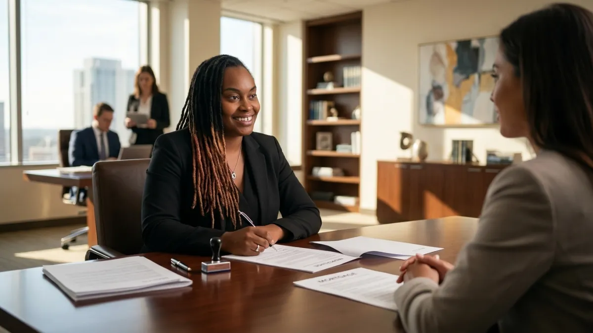 A confident female mobile and remote online notary sitting at a modern desk with a laptop displaying a secure video notarization session, organized paperwork, notary stamp, business cards, and legal documents.