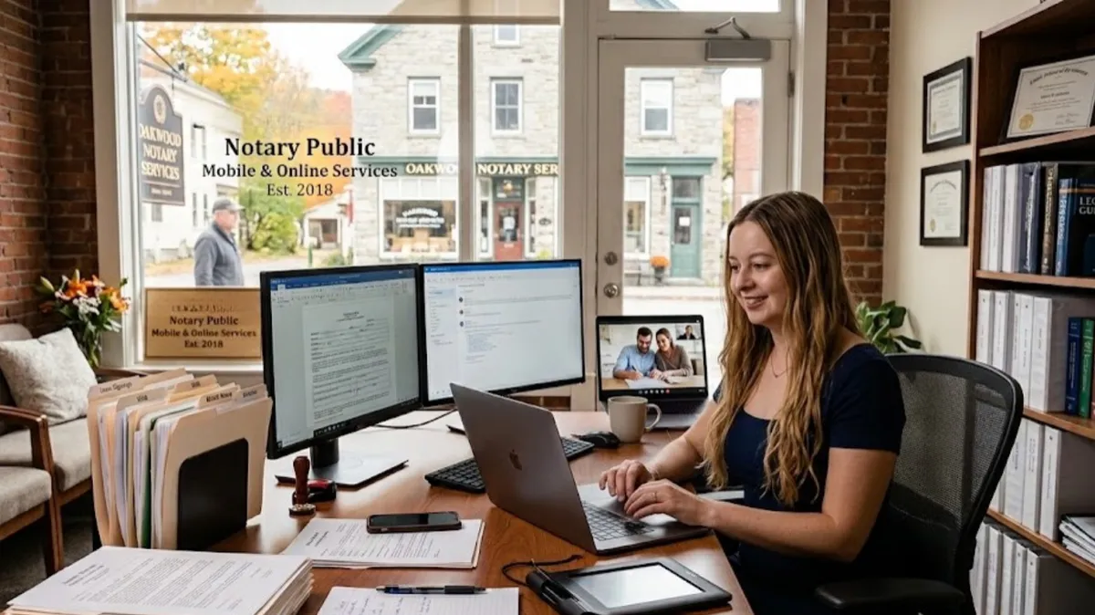 Professional notary workspace representing a diversified modern notary business, with a computer for remote online work, organized documents, client communication tools, and a small-town setting in the background.