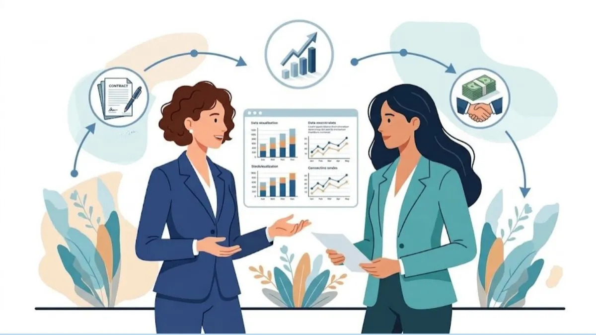 Flat vector illustration of a notary and financial planner collaborating on estate planning, with legal documents, family planning elements, referrals, and notarization symbols representing a professional client partnership.
