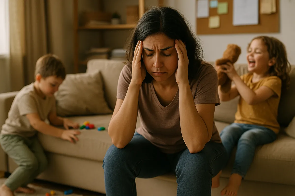 Exhausted woman with head in hands showing signs of adrenal fatigue burnout and HPA axis dysfunction