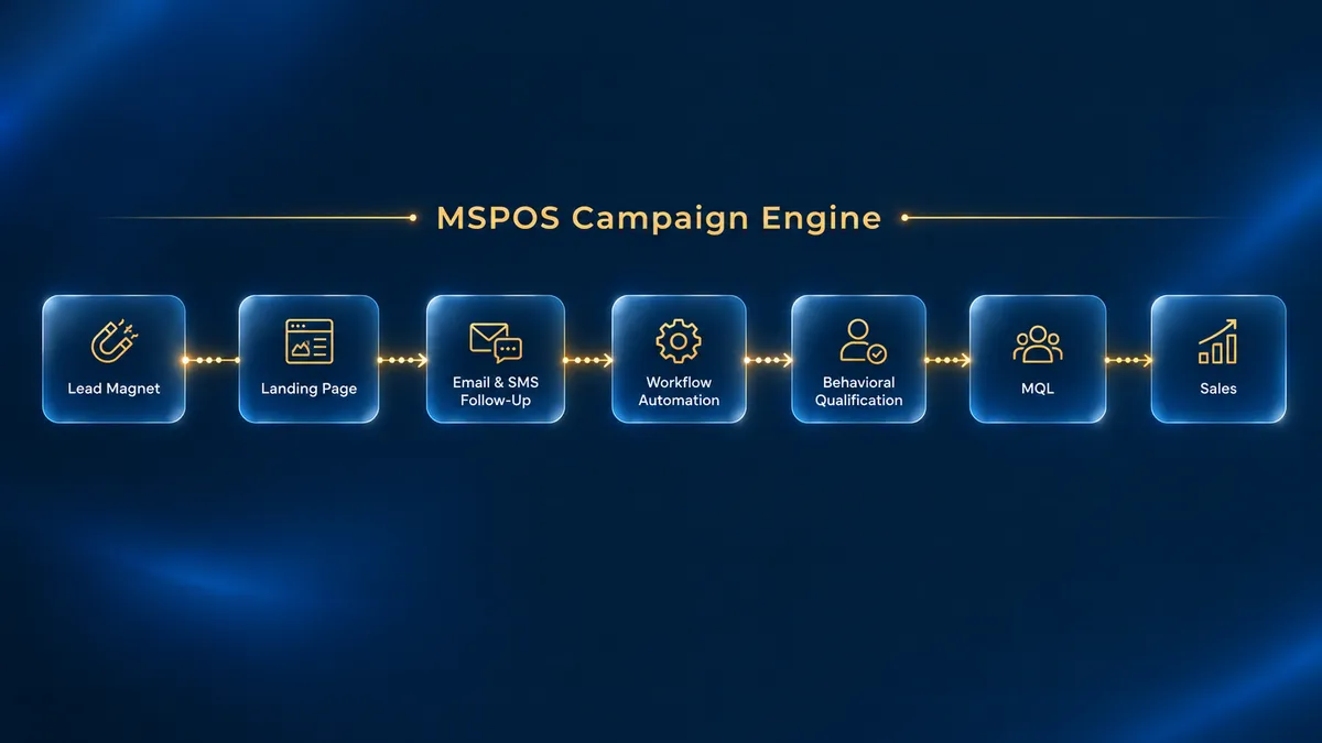 MSPOS Campaign Engine: Lead Magnet, Landing Page, Email & SMS Follow-Up, Workflow Automation, Behavioral Qualification, MQL, Sales