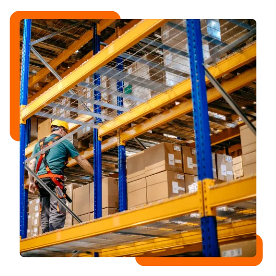 Warehouse rack installers securing storage beams and upright frames
