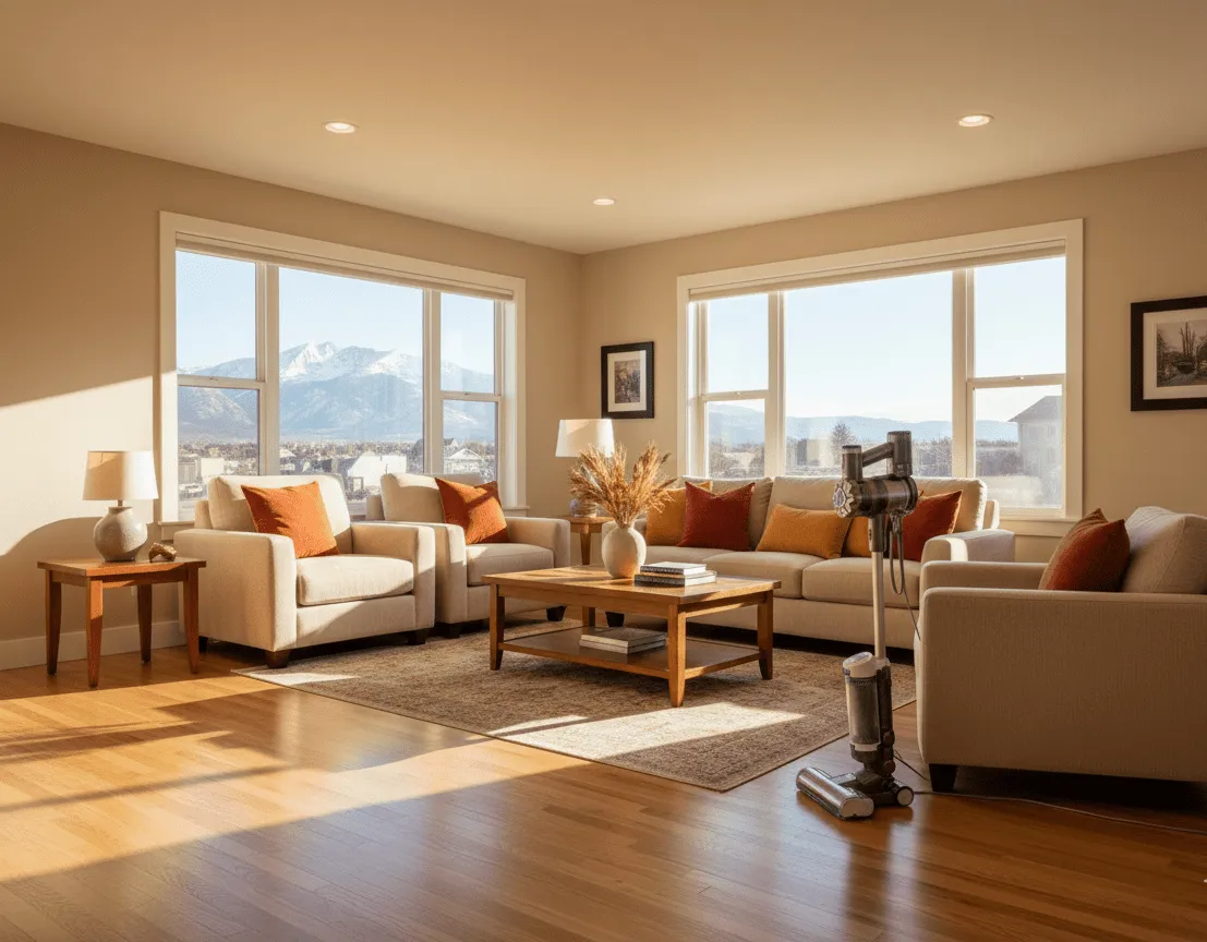 Standard house cleaning service results showing spotless living room in Aurora Colorado home