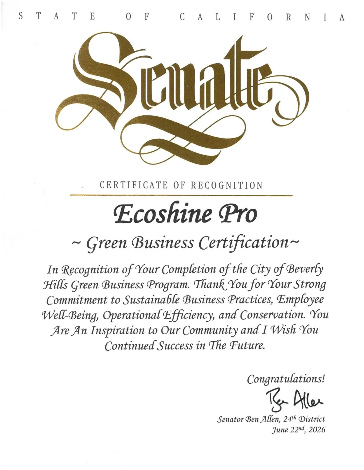 California State Senate Certificate of Recognition for Ecoshine PRO, City of Beverly Hills Green Business Program