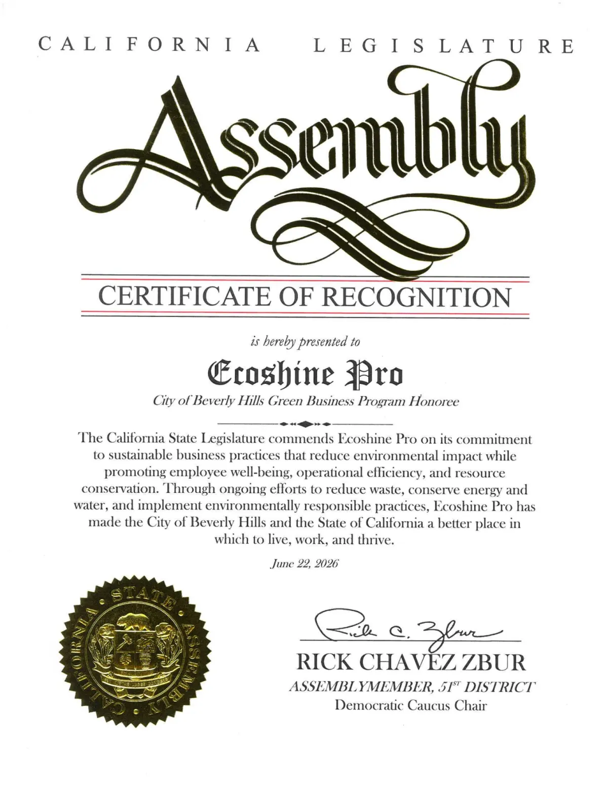 California Legislature Assembly Certificate of Recognition for Ecoshine PRO, Beverly Hills Green Business Program honoree