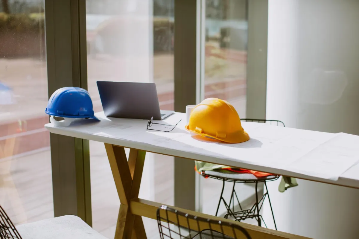 Innovative Workspace: Architectural and Engineering Office Desk Background, Featuring Construction Project Ideas and Drawing Equipment