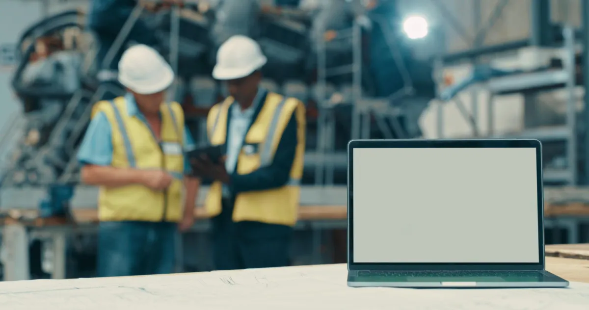 Blank computer screen and copyspace with working building construction workers in the background. Empty copy space of laptop to show an online marketing message or digital advertising display indoors