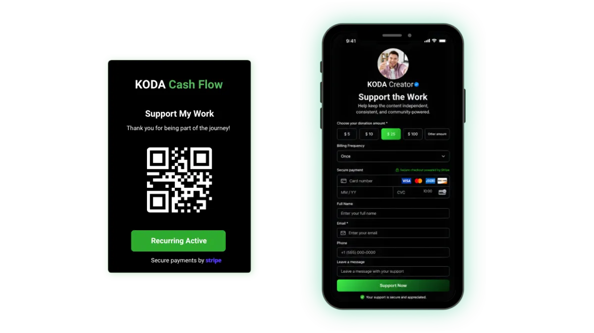 KODA Cash Flow mobile support payment form