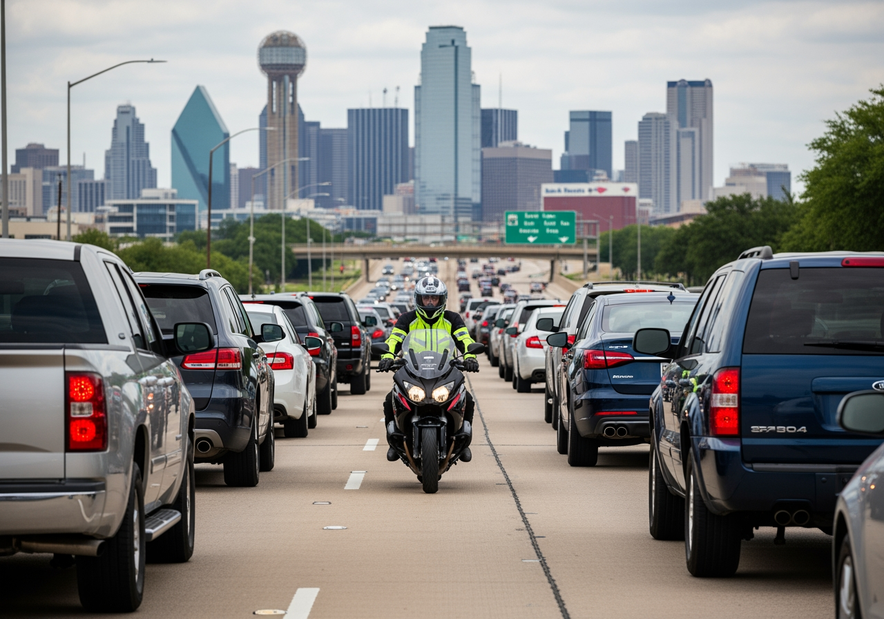 Motorcyclist riding in Dallas-Fort Worth traffic