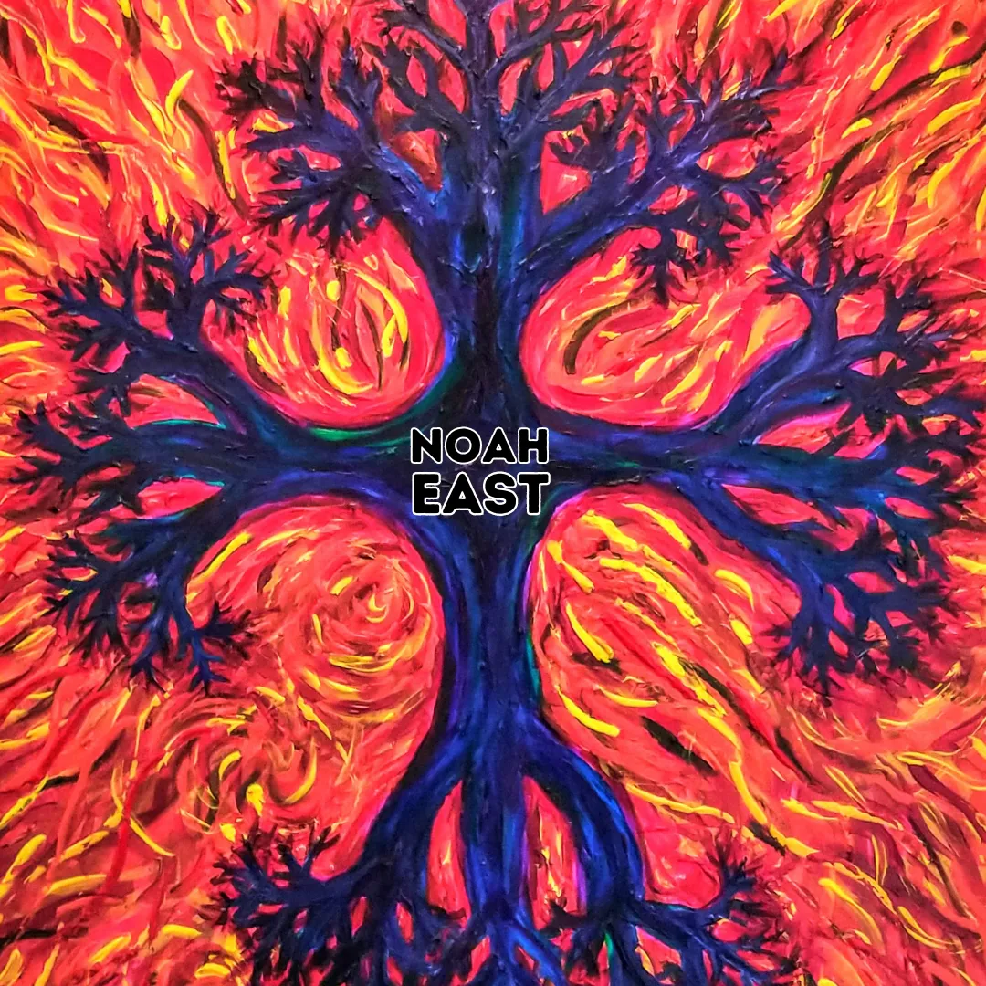 Noah East's Album Cover, Blue Cross Fractal with Red Firey background painting