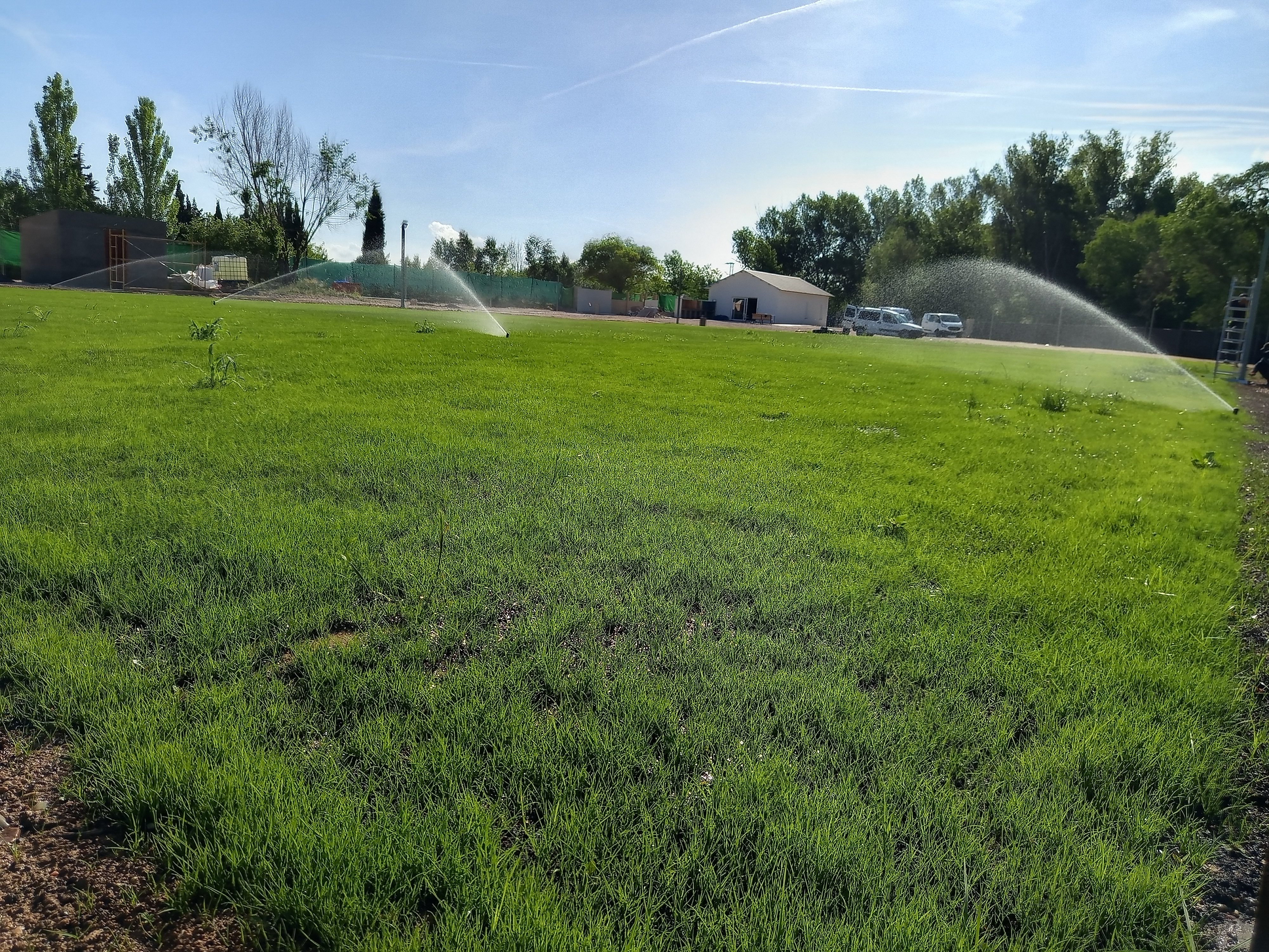 Sistema de riego por goteo colgante regando campo de hierba - Jardinería y Paisajismo JS