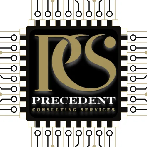 Precedent Consulting Services logo, showcasing a modern and sleek design with interconnected lines resembling a microchip, symbolizing the innovative AI-driven solutions provided by the company.