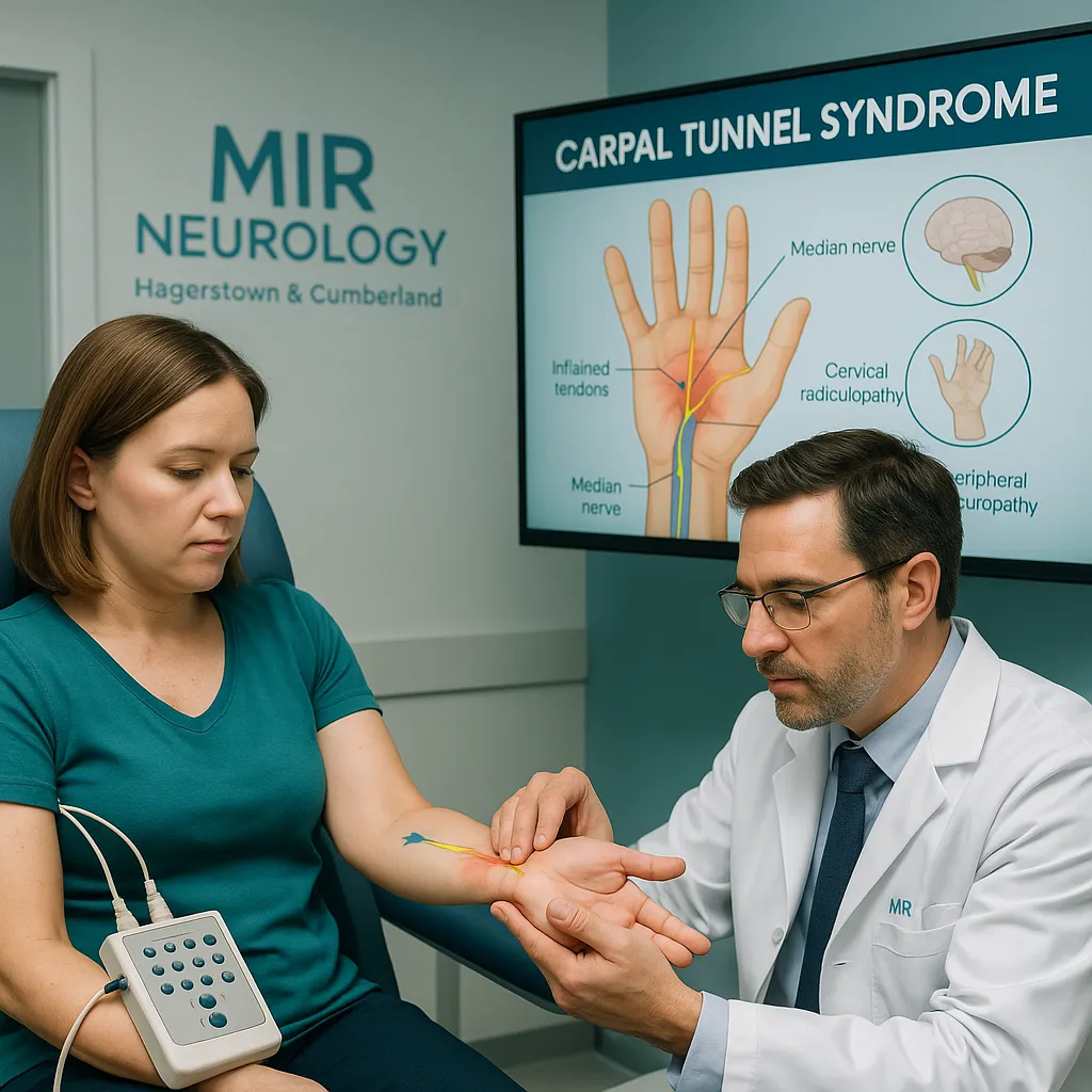Neurologist explaining carpal tunnel syndrome causes and symptoms to patient at Mir Neurology