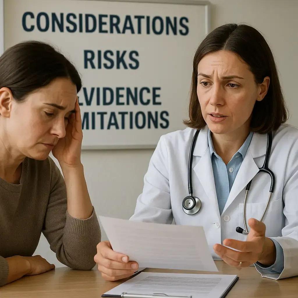 Doctor discussing risks, considerations, and limitations of Alzheimer’s disease treatments with family caregiver