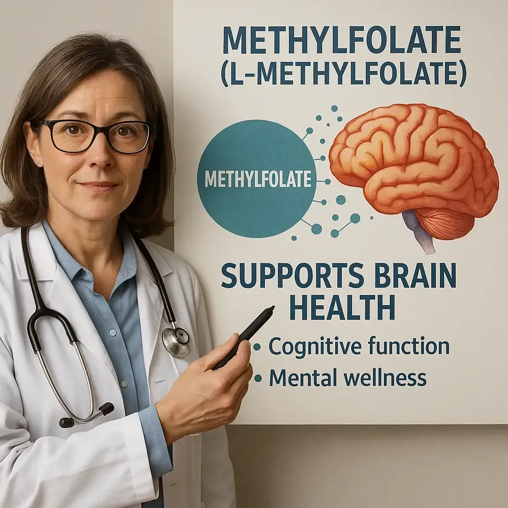Illustration of methylfolate and its role in supporting brain health and preventing Alzheimer’s disease
