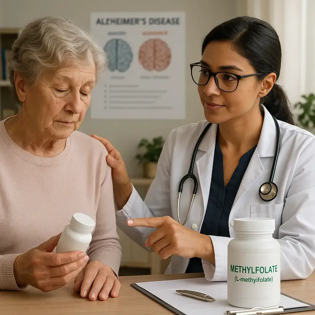 Methylfolate supplement capsules with leafy greens, symbolizing its potential role in supporting brain health and preventing Alzheimer’s disease.