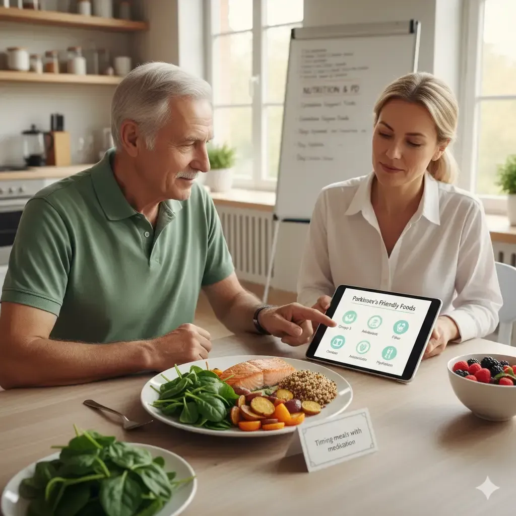 Healthy foods including fruits, vegetables, nuts, and whole grains displayed on a wooden table, symbolizing the role of nutrition in supporting brain health and managing Parkinson’s disease.