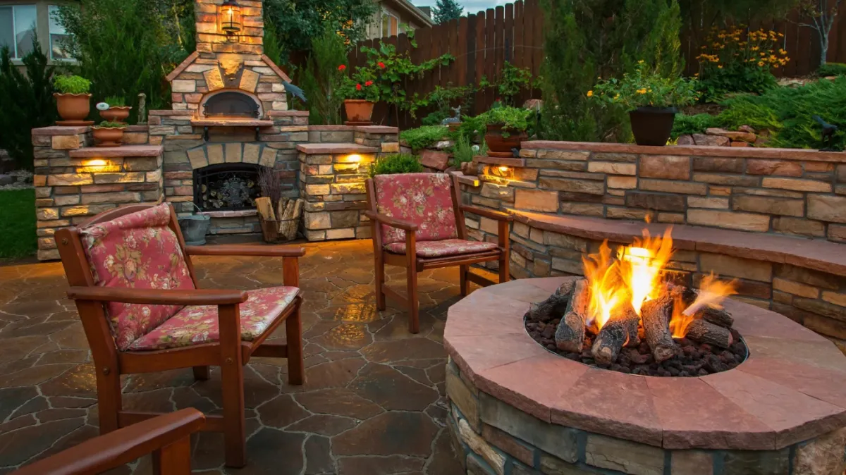 Beautifully designed outdoor fire pit by Hardscape Denver on a paved patio