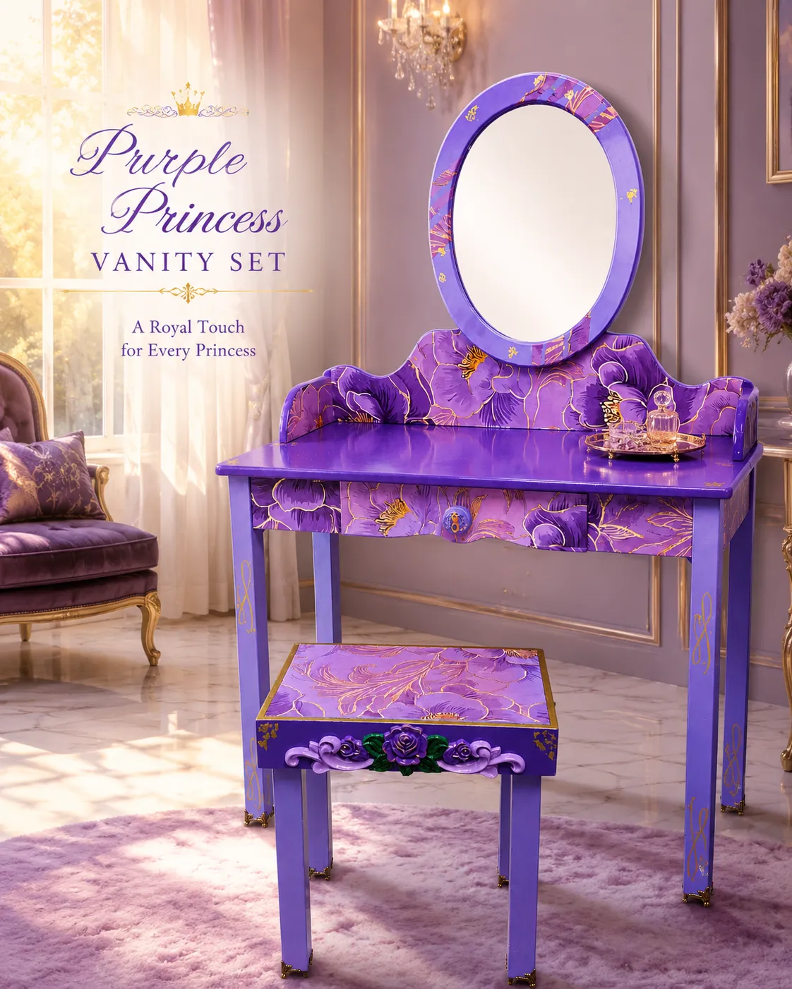 Hand-painted Purple Princess Vanity Set with matching stool, purple floral detailing, gold accents, and oval mirror, staged in a luxurious lavender room with soft morning sunlight.