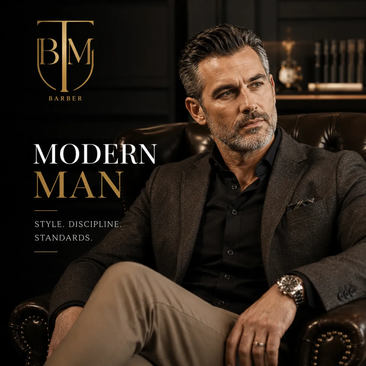 Modern man with refined old money style and grey hair at luxury barber in Ormond Melbourne
