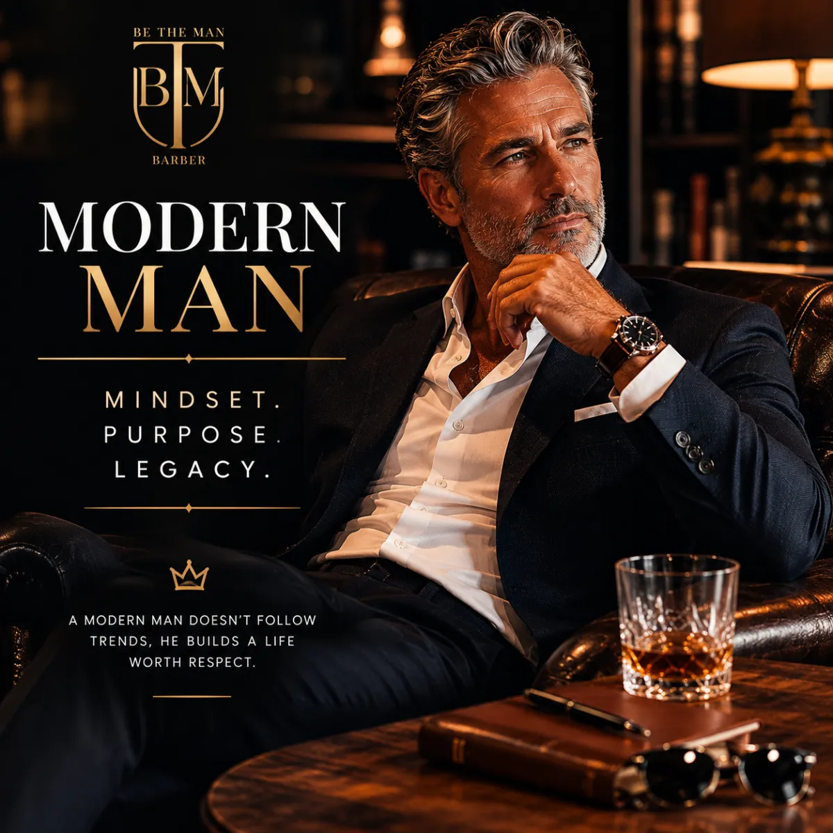 Luxury editorial image of a sophisticated middle aged man with grey hair in a tailored navy suit, representing the Modern Man lifestyle category for Be The Man Barber 