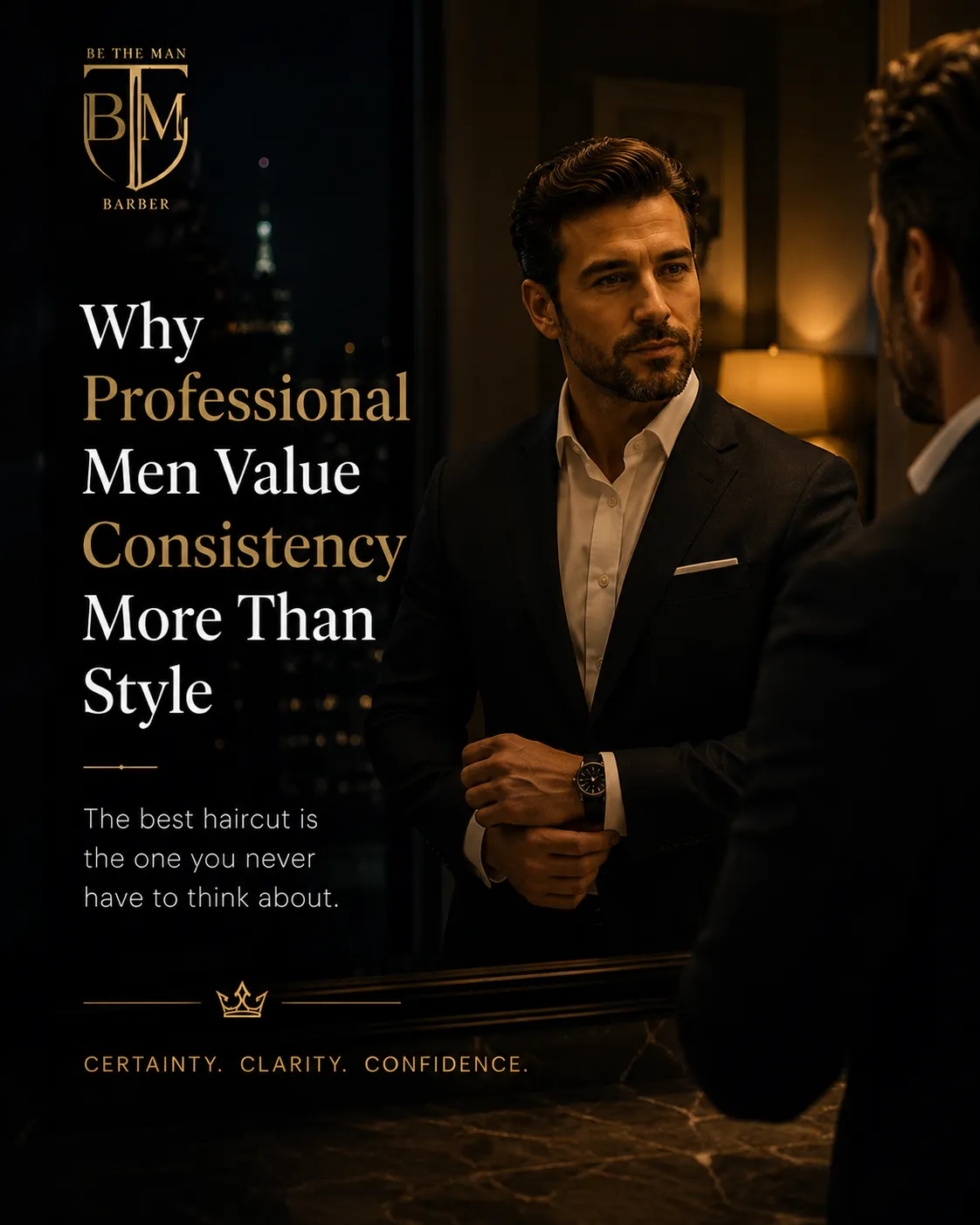 Professional man confidently preparing for his day after a precision haircut at Be The Man Barber, a premium men's barber in Ormond, Melbourne