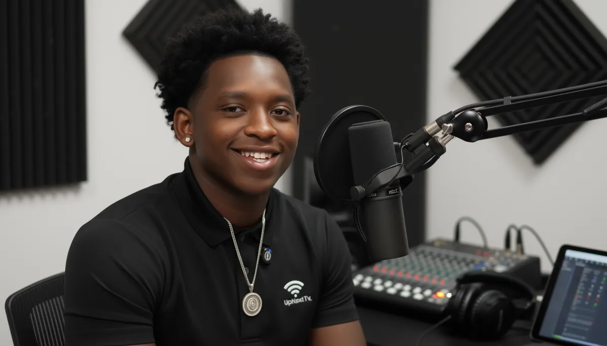 Makhi Jackson mid-interview in studio, smiling toward microphone