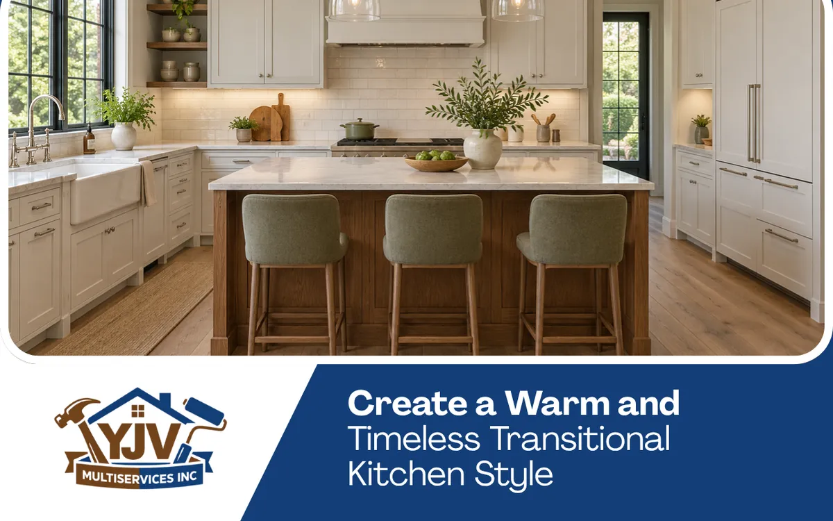 Transitional kitchen style with modern cabinets and classic finishes