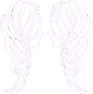 Two mirrored hair locks, each drawn with a smooth white outline, meet in the center in a gentle arch—like two hands shaking. Each lock has three subtle comb-tooth notches along its inner edge, and the outer curves taper to softly rounded tips. The symmetry and interlock of the strands symbolize trust and unity.
