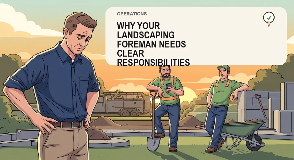 Illustrated landscaping foreman overseeing a crew on a job site