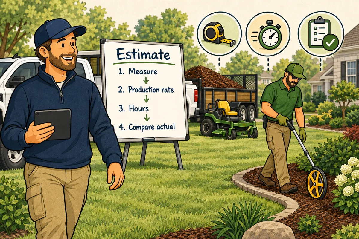 Cartoon illustration of a landscaping owner estimating a job with a tablet while a crew member measures a planting bed