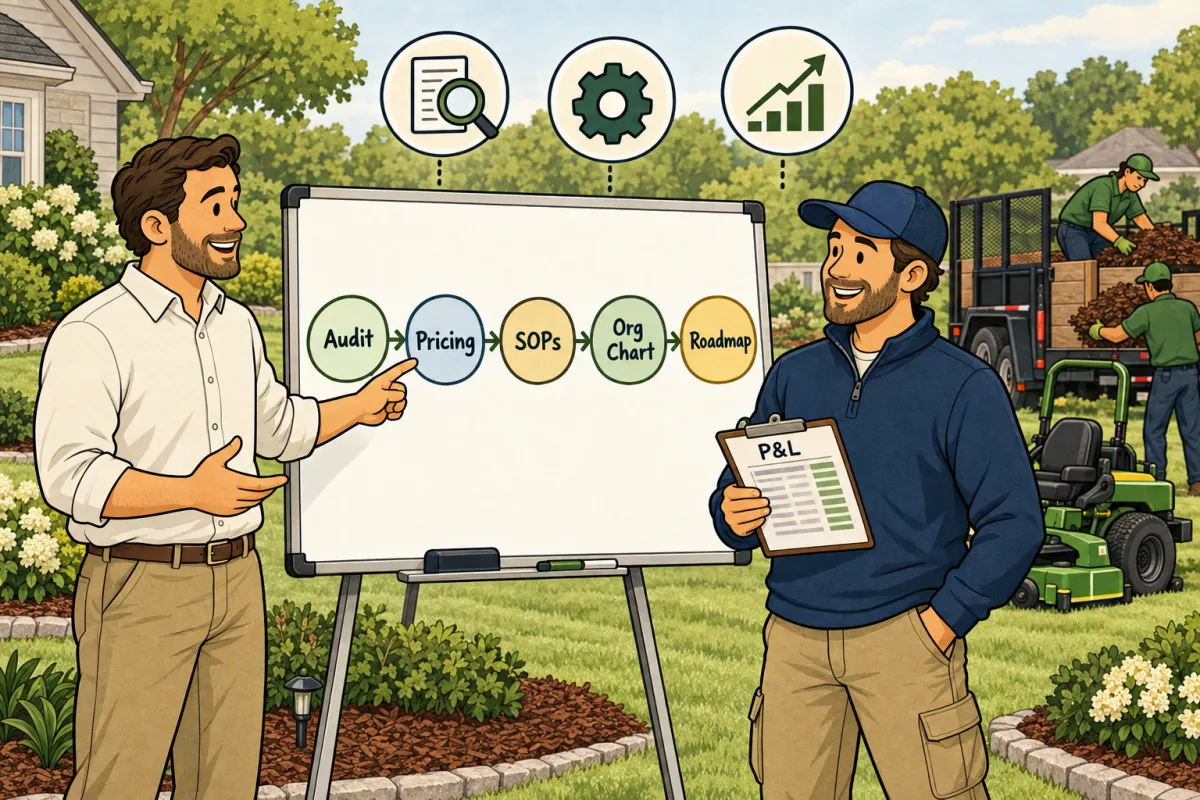 Cartoon illustration of a coach walking a landscaping owner through an audit-to-roadmap flow on a job-site whiteboard