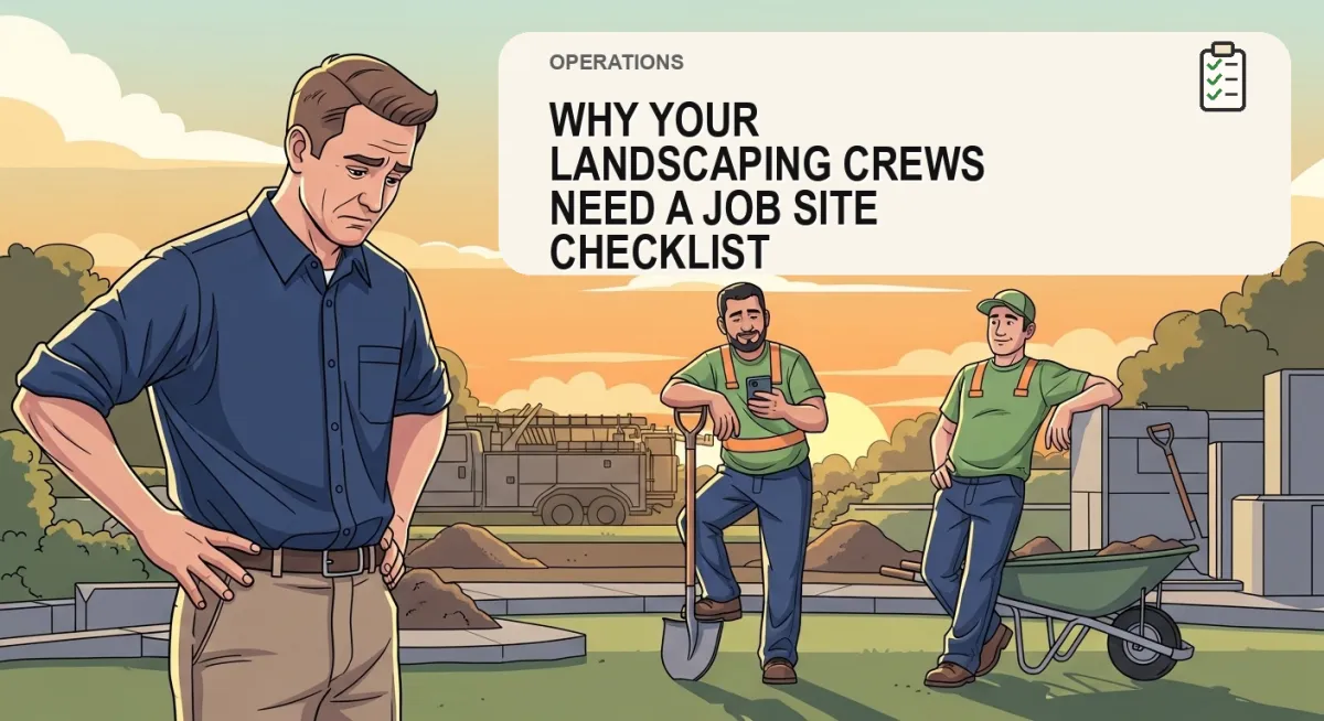 Illustrated landscaping crew on a job site with a checklist theme